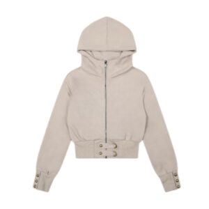 Khaki Cropped Full-Zip Cotton Hoodie