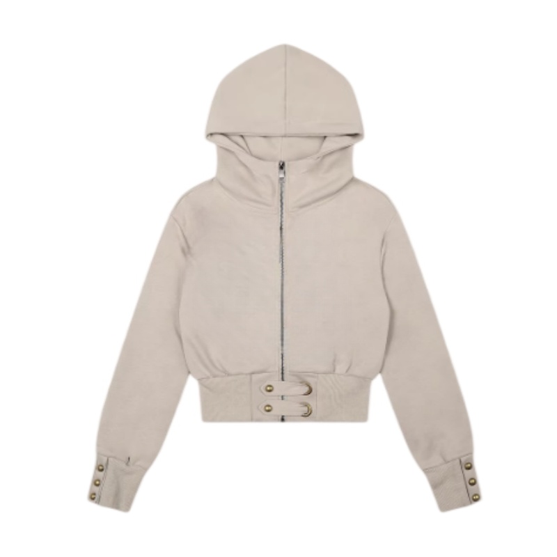 Khaki Cropped Full-Zip Cotton Hoodie