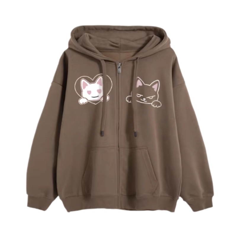 Brown Cartoon Zip-Up Hoodie
