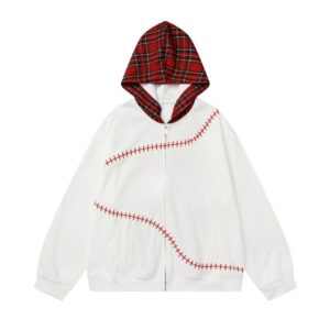 Fashion Plaid Splicing White Hoodie